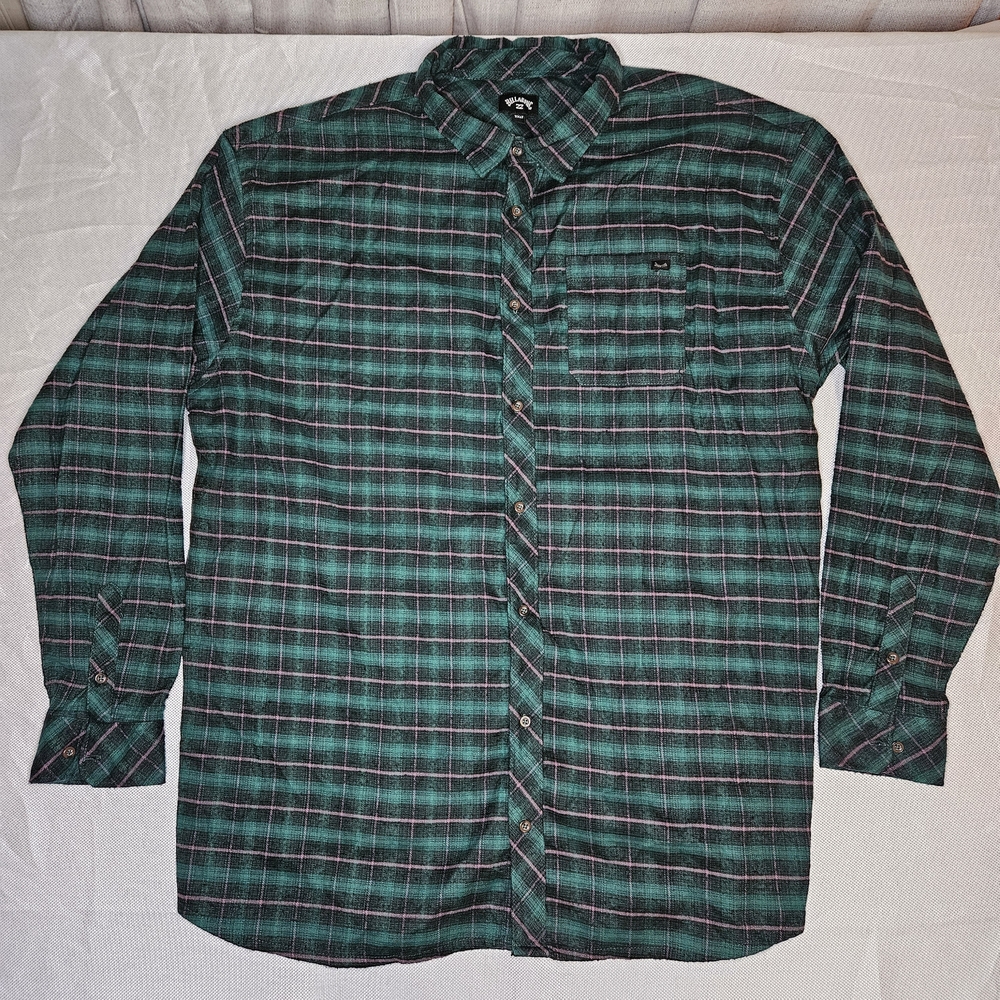 VTG Billabong Mens 3XLT Plaid Flannel Button Down Shirt‎ Green Black Long Sleeve